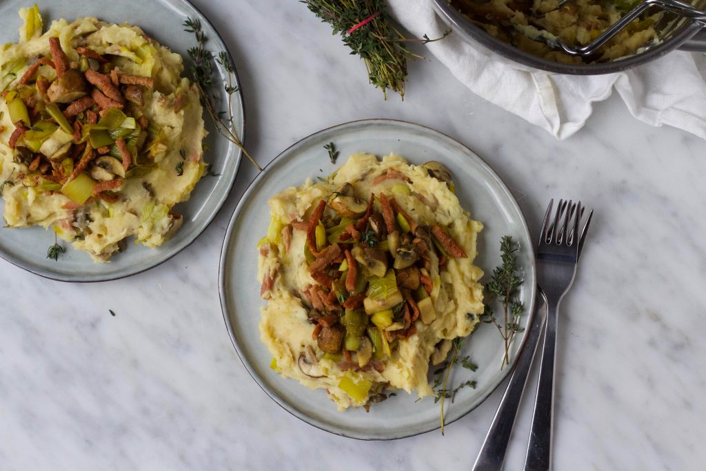 Pastinaak stampot spekjes prei champignons